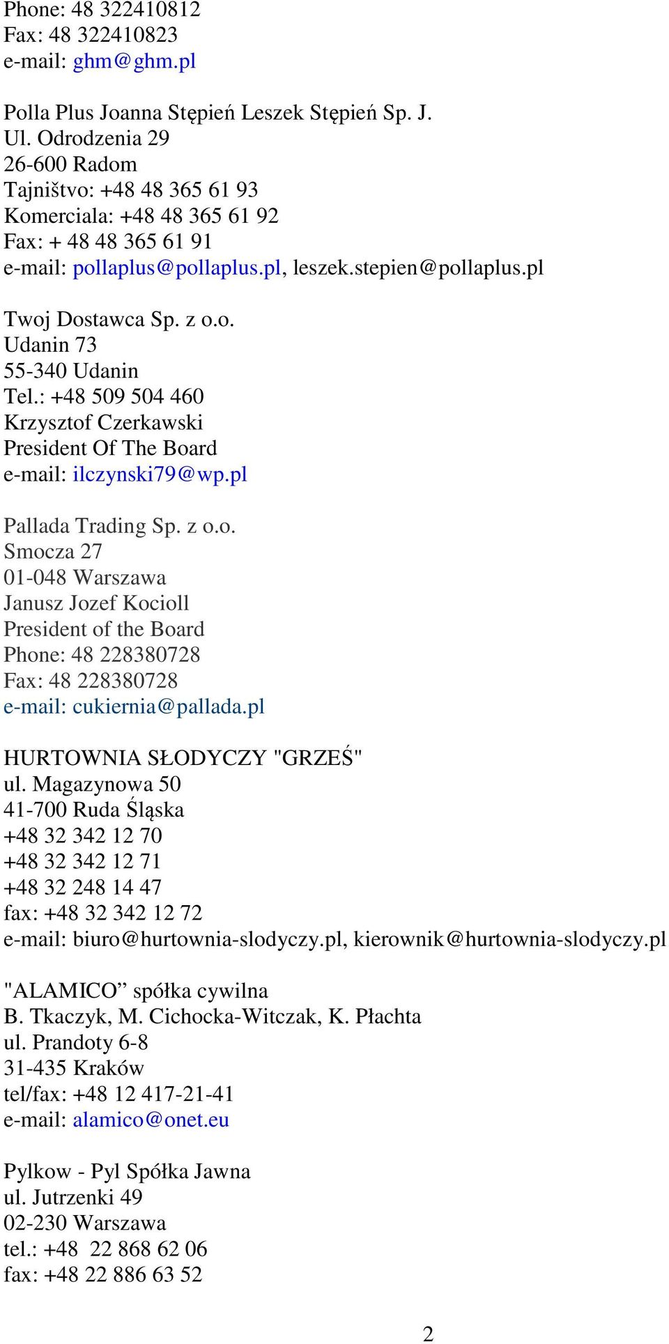 : +48 509 504 460 Krzysztof Czerkawski President Of The Board e-mail: ilczynski79@wp.pl Pallada Trading Sp. z o.o. Smocza 27 01-048 Warszawa Janusz Jozef Kocioll President of the Board Phone: 48 228380728 Fax: 48 228380728 e-mail: cukiernia@pallada.