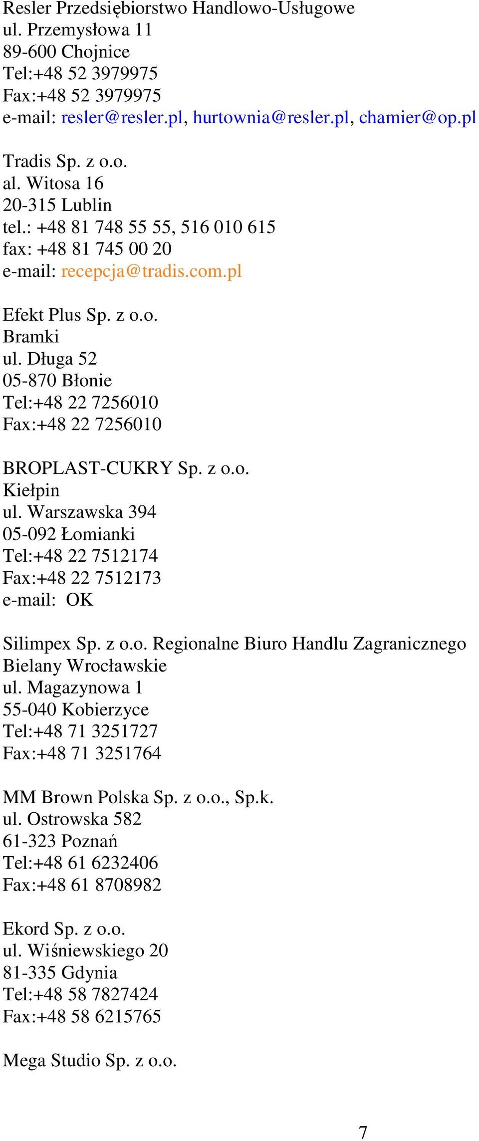 Długa 52 05-870 Błonie Tel:+48 22 7256010 Fax:+48 22 7256010 BROPLAST-CUKRY Sp. z o.o. Kiełpin ul. Warszawska 394 05-092 Łomianki Tel:+48 22 7512174 Fax:+48 22 7512173 e-mail: OK Silimpex Sp. z o.o. Regionalne Biuro Handlu Zagranicznego Bielany Wrocławskie ul.