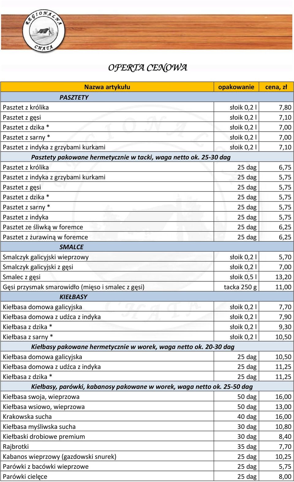 25-30 dag Pasztet z królika 25 dag 6,75 Pasztet z indyka z grzybami kurkami 25 dag 5,75 Pasztet z gęsi 25 dag 5,75 Pasztet z dzika * 25 dag 5,75 Pasztet z sarny * 25 dag 5,75 Pasztet z indyka 25 dag