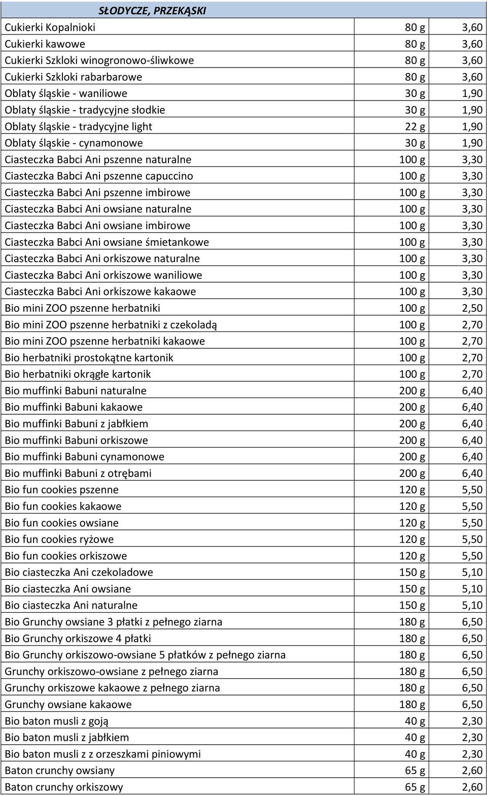 pszenne capuccino 100 g 3,30 Ciasteczka Babci Ani pszenne imbirowe 100 g 3,30 Ciasteczka Babci Ani owsiane naturalne 100 g 3,30 Ciasteczka Babci Ani owsiane imbirowe 100 g 3,30 Ciasteczka Babci Ani