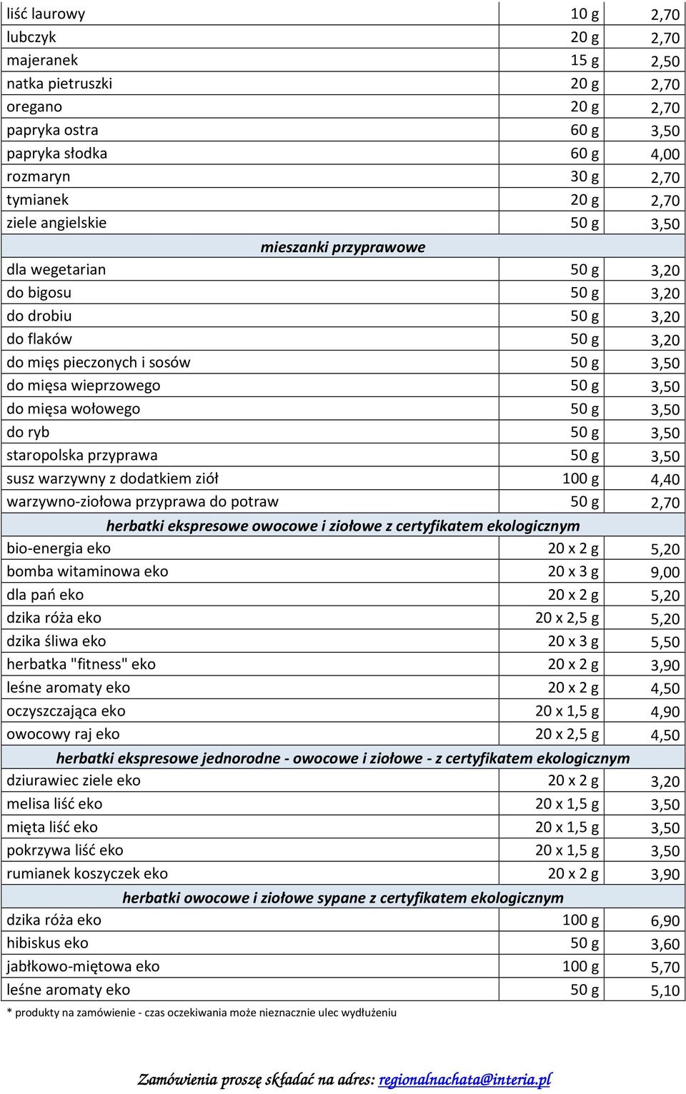 mięsa wołowego 50 g 3,50 do ryb 50 g 3,50 staropolska przyprawa 50 g 3,50 susz warzywny z dodatkiem ziół 100 g 4,40 warzywno-ziołowa przyprawa do potraw 50 g 2,70 herbatki ekspresowe owocowe i