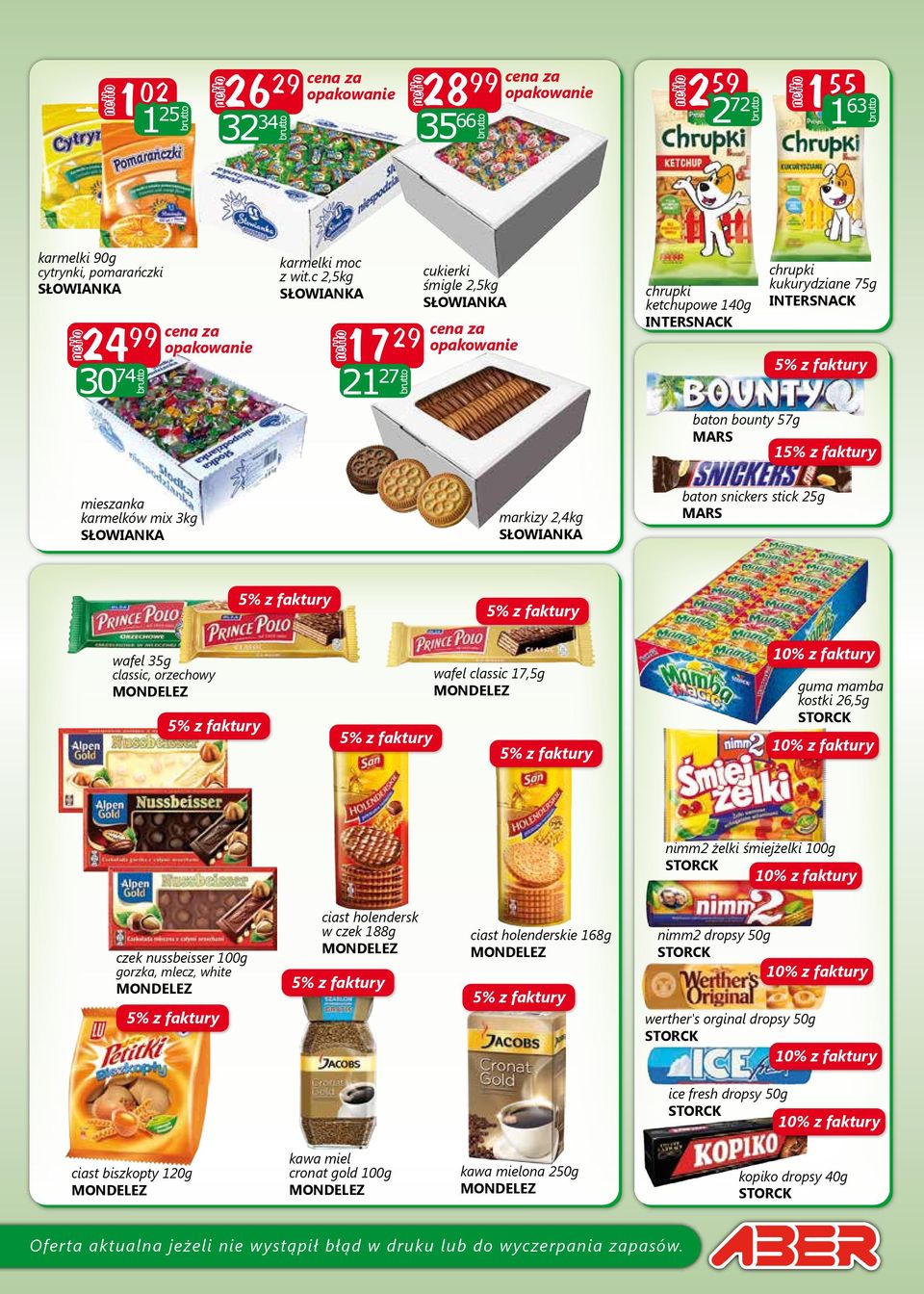 SŁOWIANKA markizy 2,4kg SŁOWIANKA baton snickers stick 25g MARS wafel 35g classic, orzechowy MONDELEZ wafel classic 17,5g MONDELEZ guma mamba kostki 26,5g STORCK nimm2 żelki śmiejżelki 100g STORCK