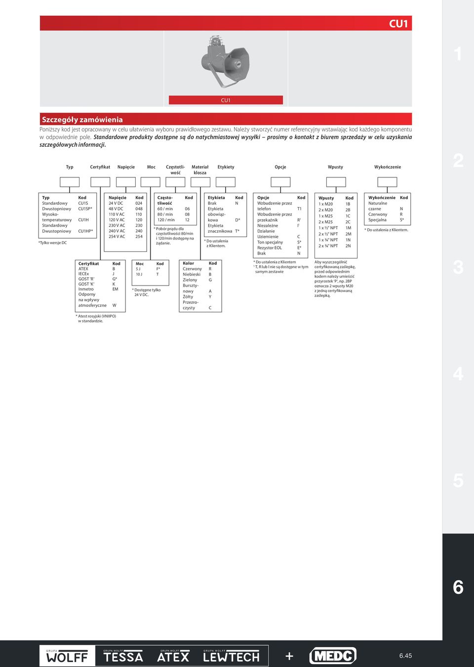 Typ Certyfikat Napięcie Moc Częstotliwość Materiał klosza Etykiety Opcje Wpusty Wykończenie 2 *Tylko wersje DC S SP* H HP* Certyfikat ATE B IECEx J GOST 'R' G* GOST 'K' K Inmetro EM Odporny na wpływy