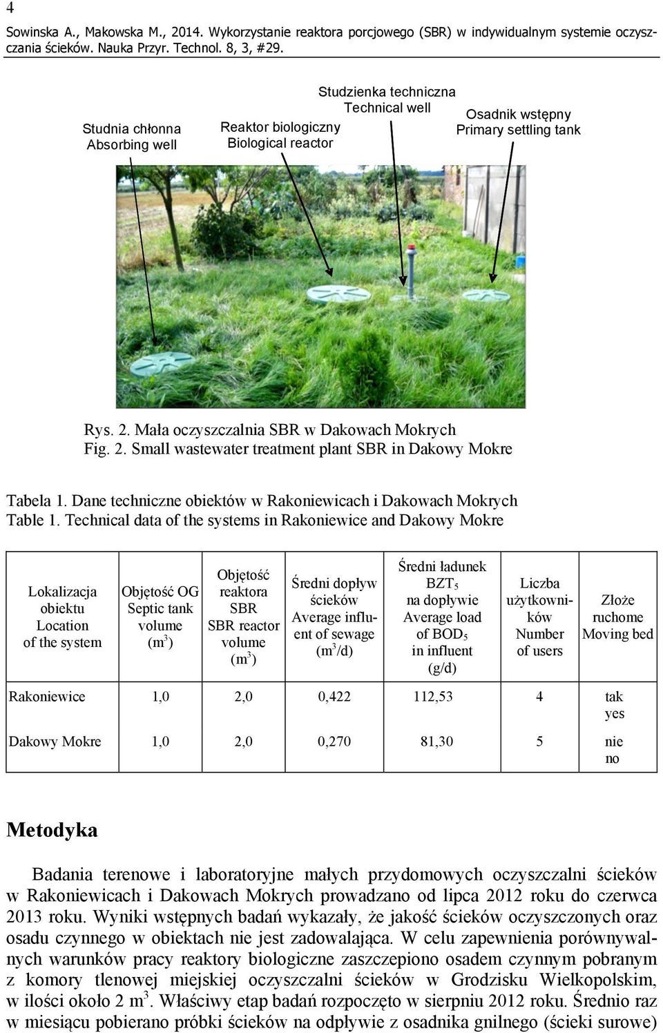 wstępny Primary settling tank Rys. 2. Mała oczyszczalnia SBR w Dakowach Mokrych Fig. 2. Small wastewater treatment plant SBR in Dakowy Mokre Tabela 1.