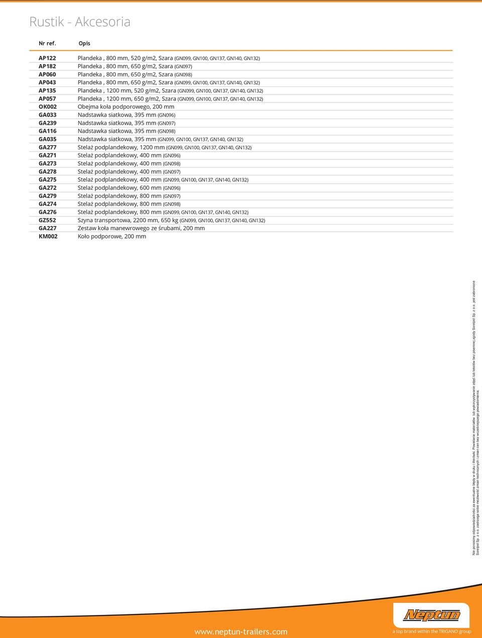 Szara (GN099, GN00, GN37, GN40, GN32) Plandeka, 200 mm, 650 g/m2, Szara (GN099, GN00, GN37, GN40, GN32) Obejma koła podporowego, 200 mm Nadstawka siatkowa, 395 mm (GN096) Nadstawka siatkowa, 395 mm