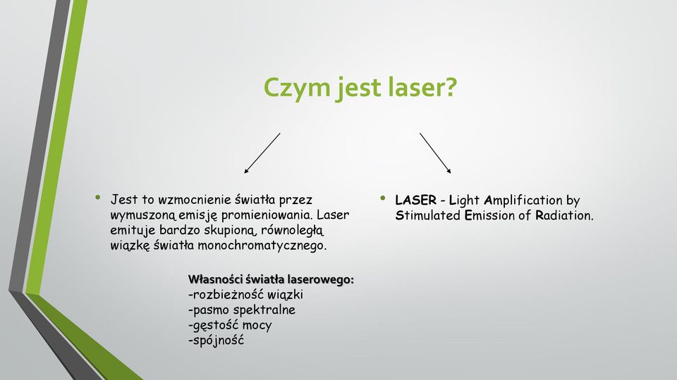 Laser emituje bardzo skupioną, równoległą wiązkę światła monochromatycznego.