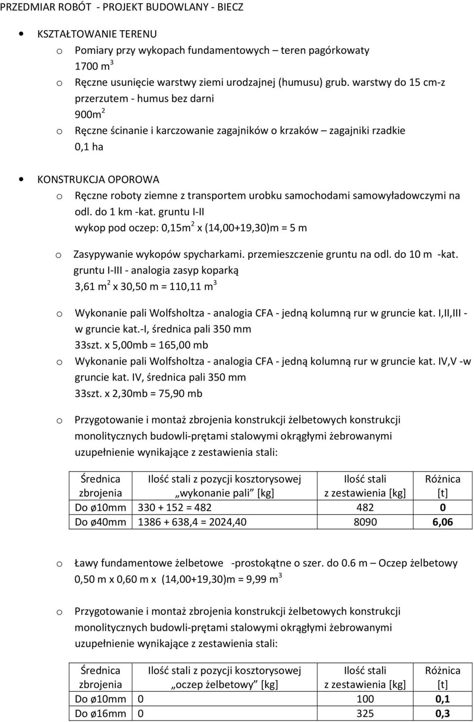 samwyładwczymi na dl. d 1 km -kat. gruntu I-II wykp pd czep: 0,15m 2 x (14,00+19,30)m = 5 m Zasypywanie wykpów spycharkami. przemieszczenie gruntu na dl. d 10 m -kat.