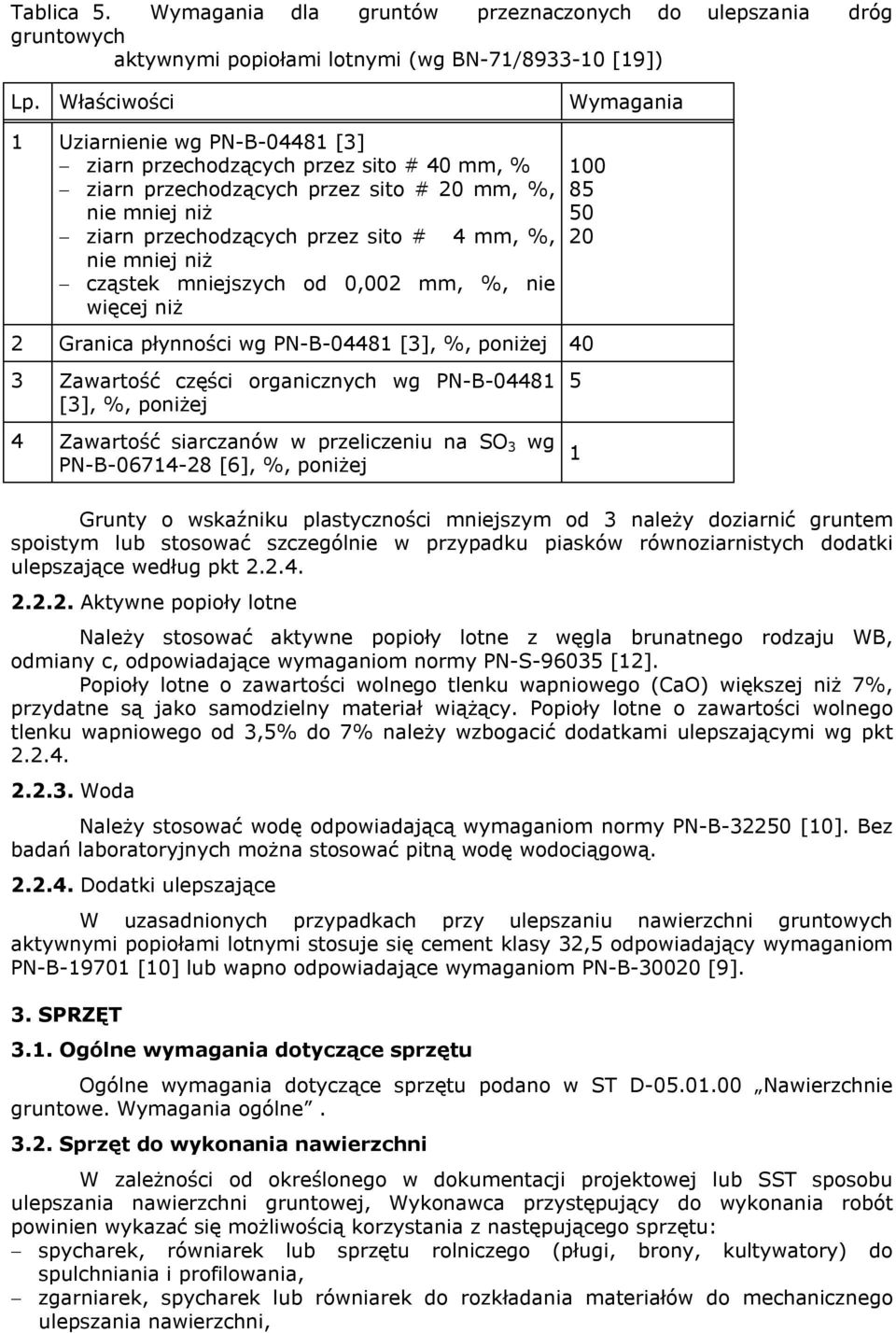 nie mniej niż cząstek mniejszych od 0,002 mm, %, nie więcej niż 2 Granica płynności wg PN-B-04481 [3], %, poniżej 40 100 85 50 20 3 Zawartość części organicznych wg PN-B-04481 [3], %, poniżej 4