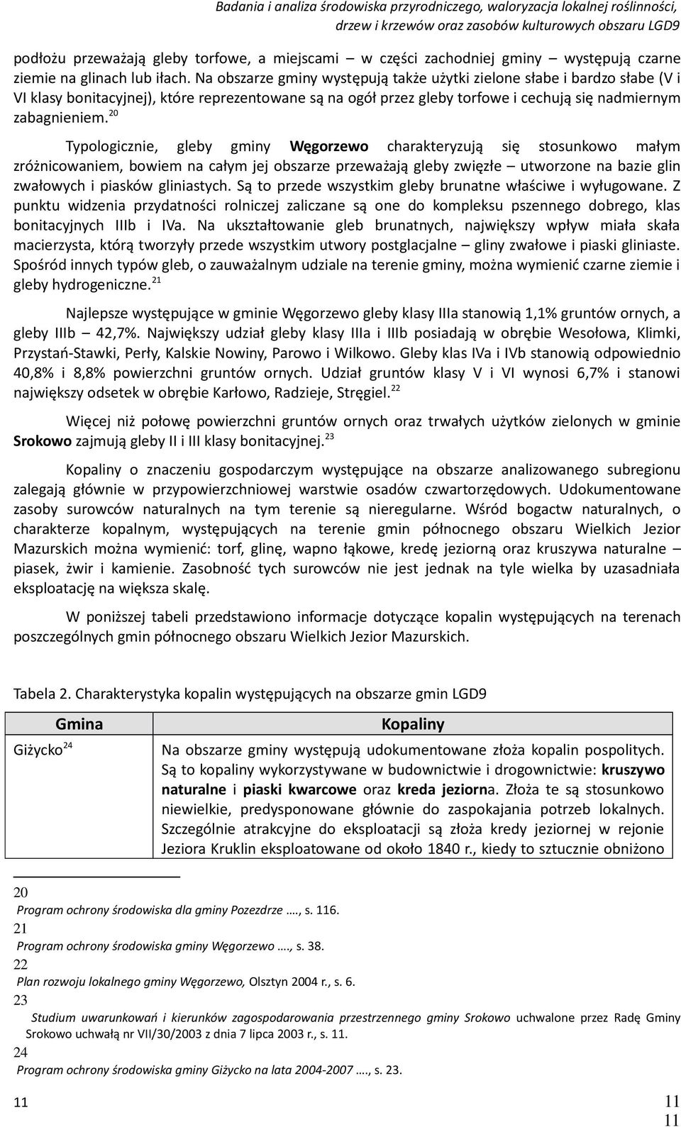 20 Typologicznie, gleby gminy Węgorzewo charakteryzują się stosunkowo małym zróżnicowaniem, bowiem na całym jej obszarze przeważają gleby zwięzłe utworzone na bazie glin zwałowych i piasków