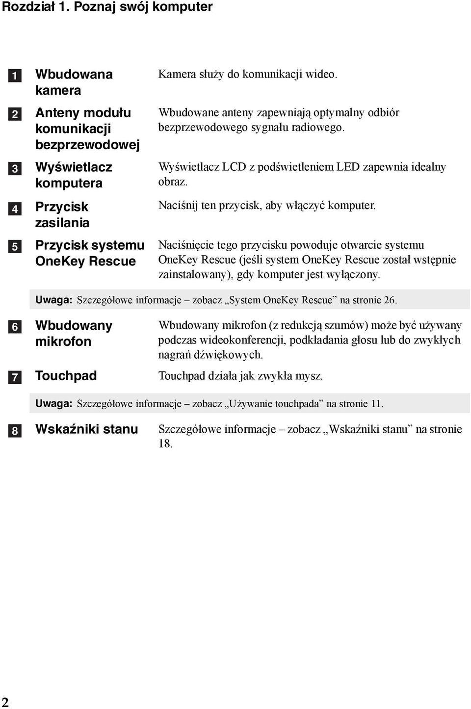 Wbudowane anteny zapewniają optymalny odbiór bezprzewodowego sygnału radiowego. Wyświetlacz LCD z podświetleniem LED zapewnia idealny obraz. Naciśnij ten przycisk, aby włączyć komputer.