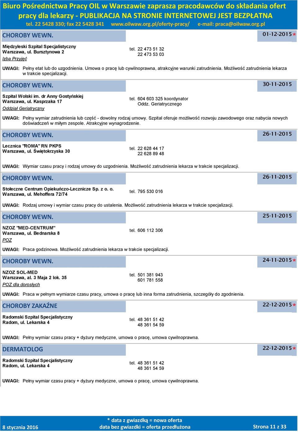 Kasprzaka 17 Oddział Geriatryczny tel. 604 603 325 koordynator Oddz. Geriatrycznego UWAGI: Pełny wymiar zatrudnienia lub część - dowolny rodzaj umowy.