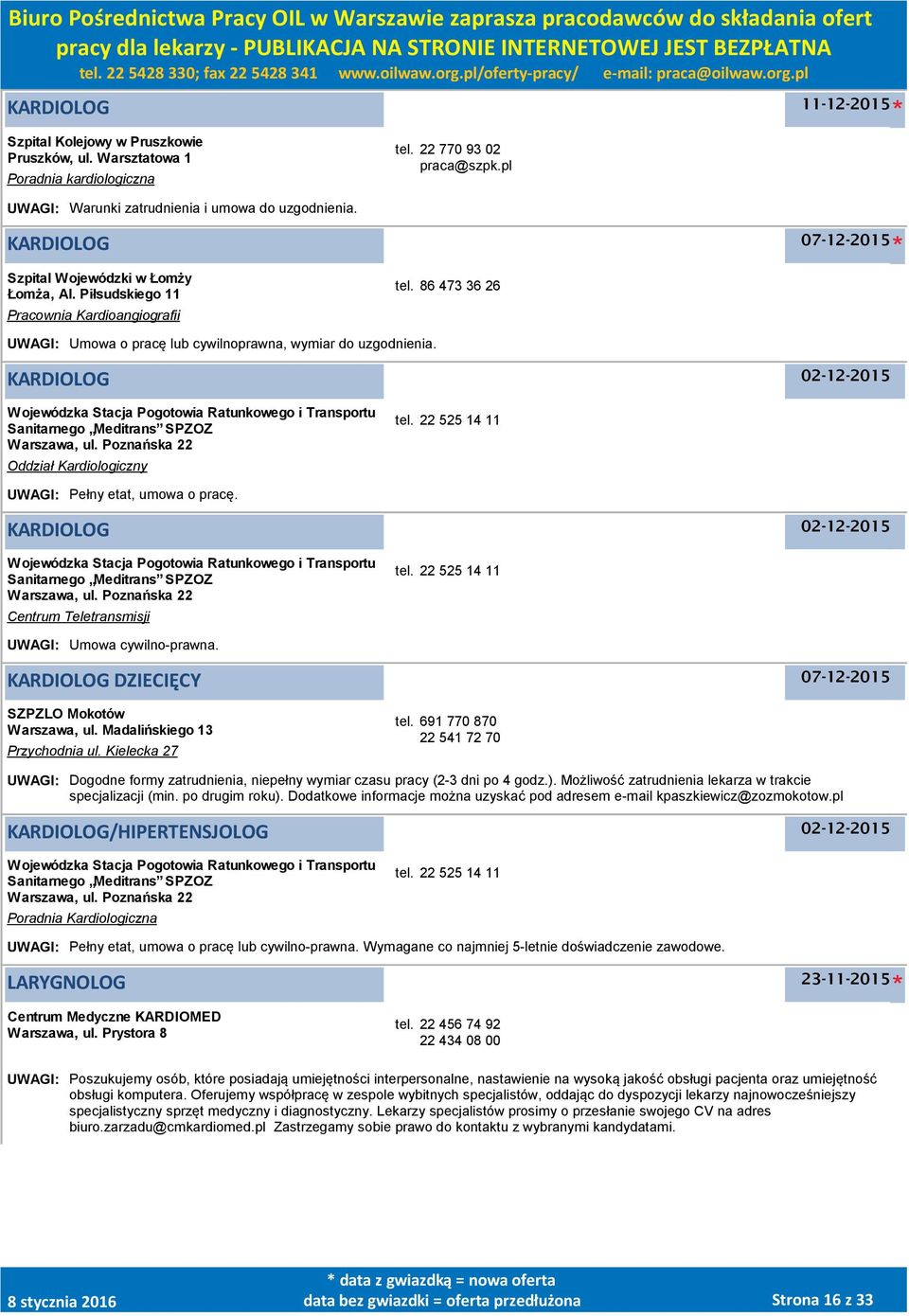 KARDIOLOG 02-12-2015 Wojewódzka Stacja Pogotowia Ratunkowego i Transportu Sanitarnego Meditrans SPZOZ Warszawa, ul. Poznańska 22 Oddział Kardiologiczny tel.