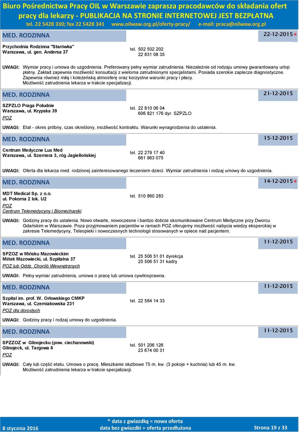 Zapewnia również miłą i koleżeńską atmosferę oraz korzystne warunki pracy i płacy. Możliwość zatrudnienia lekarza w trakcie specjalizacji. 21-12-2015 SZPZLO Praga Południe Warszawa, ul.