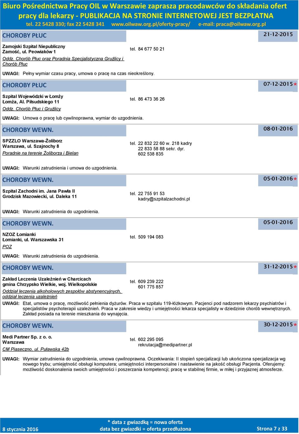 86 473 36 26 UWAGI: Umowa o pracę lub cywilnoprawna, wymiar do uzgodnienia. 08-01-2016 SPZZLO Warszawa-Żoliborz Warszawa, ul. Szajnochy 8 Poradnie na terenie Żoliborza i Bielan tel. 22 832 22 60 w.
