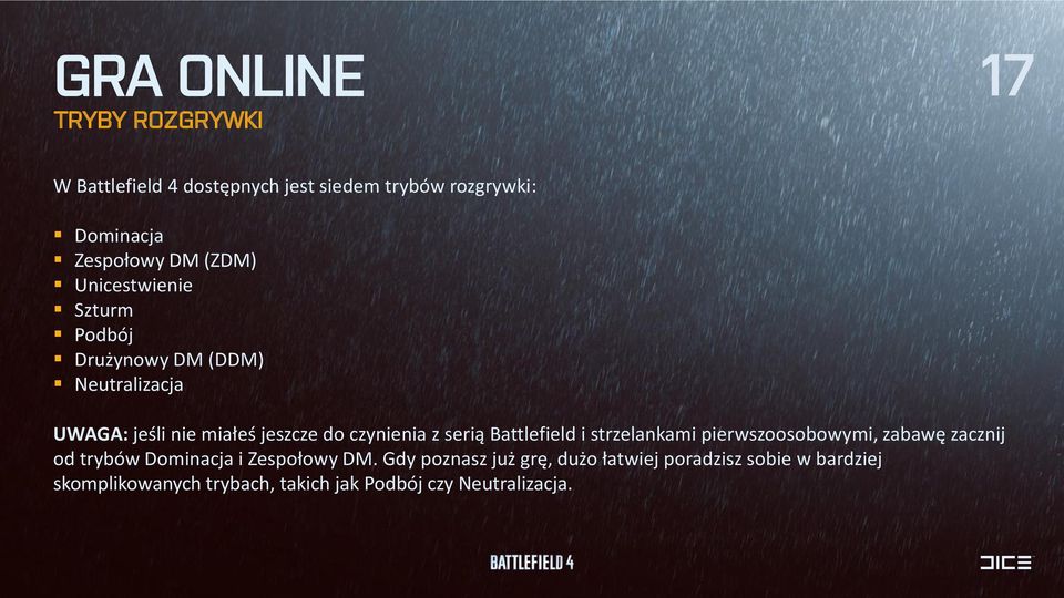 serią Battlefield i strzelankami pierwszoosobowymi, zabawę zacznij od trybów Dominacja i Zespołowy DM.