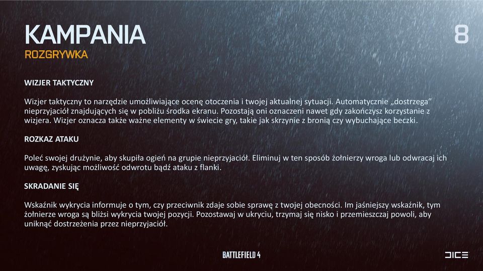Wizjer oznacza także ważne elementy w świecie gry, takie jak skrzynie z bronią czy wybuchające beczki. ROZKAZ ATAKU Poleć swojej drużynie, aby skupiła ogień na grupie nieprzyjaciół.