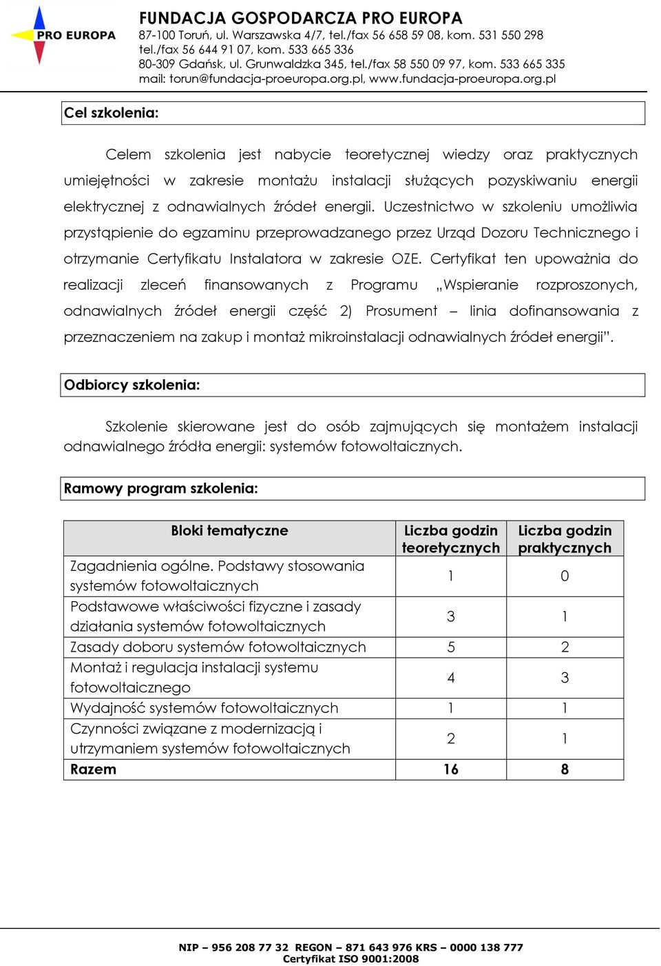 Certyfikat ten upoważnia do realizacji zleceń finansowanych z Programu Wspieranie rozproszonych, odnawialnych źródeł energii część 2) Prosument linia dofinansowania z przeznaczeniem na zakup i montaż