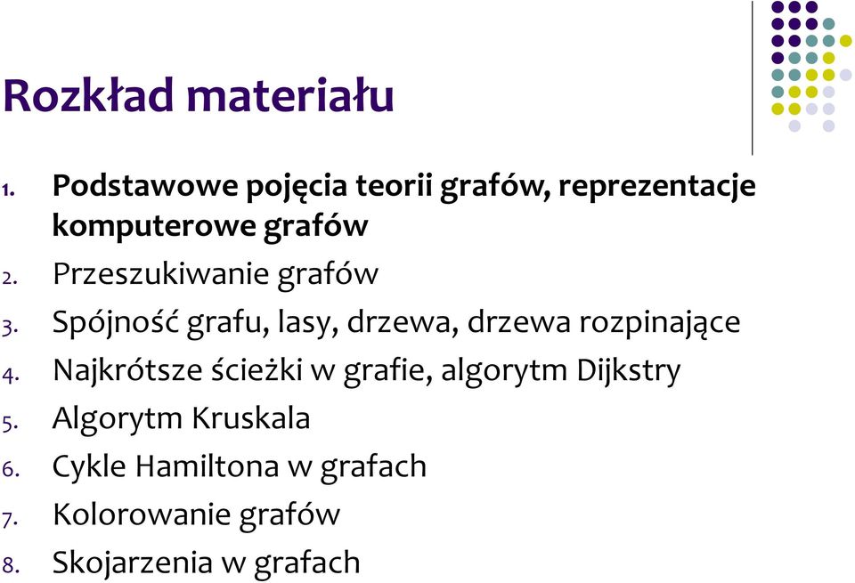 Przeszukiwanie grafów 3. Spójność grafu, lasy, drzewa, drzewa rozpinające 4.