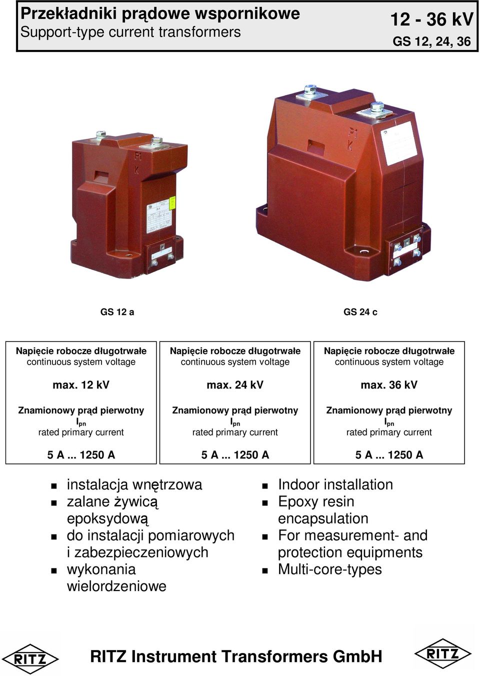 24 kv Znamionowy pr d pierwotny I pn rated primary current 5 A... 1250 A Napi cie robocze d ugotrwa e continuous system voltage max.
