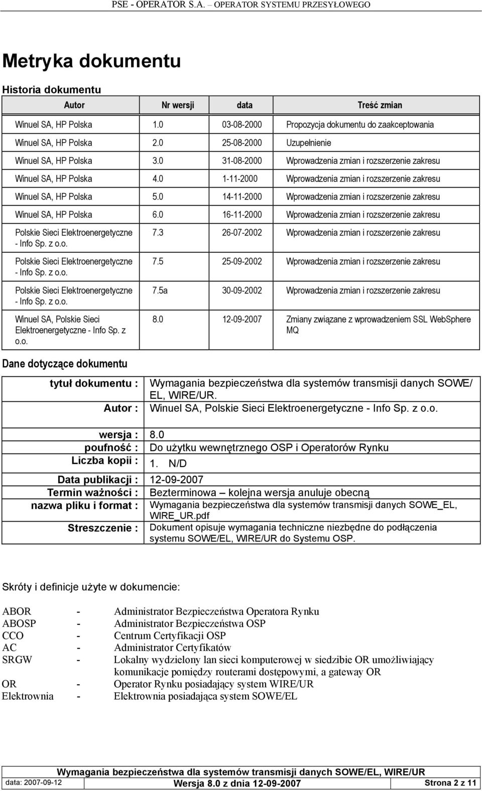 0 1-11-2000 Wprowadzenia zmian i rozszerzenie zakresu Winuel SA, HP Polska 5.0 14-11-2000 Wprowadzenia zmian i rozszerzenie zakresu Winuel SA, HP Polska 6.