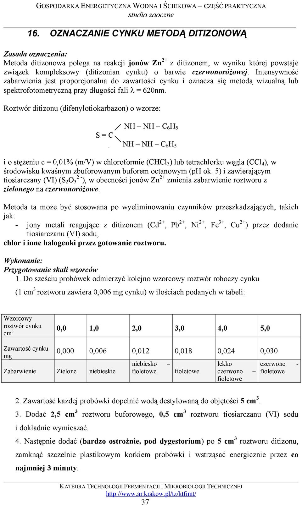 Roztwór ditizonu (difenylotiokarbazon) o wzorze: S = C NH NH C 6 H 5 NH NH C 6 H 5 i o stężeniu c = 0,01% (m/) w chloroformie (CHCl 3 ) lub tetrachlorku węgla (CCl 4 ), w środowisku kwaśnym