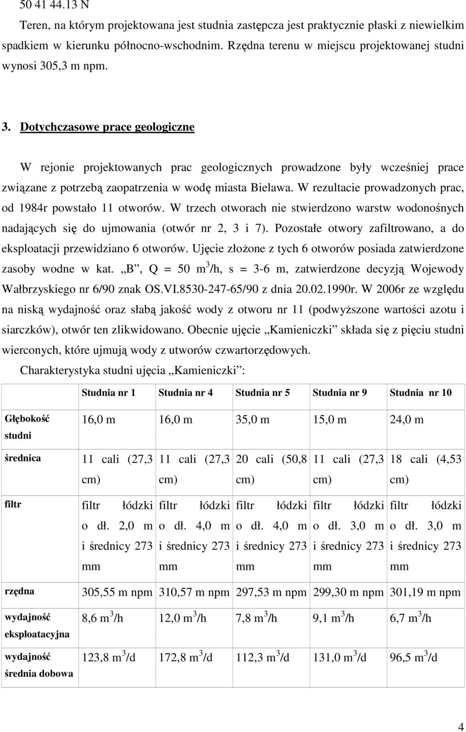 5,3 m npm. 3. Dotychczasowe prace geologiczne W rejonie projektowanych prac geologicznych prowadzone były wcześniej prace związane z potrzebą zaopatrzenia w wodę miasta Bielawa.