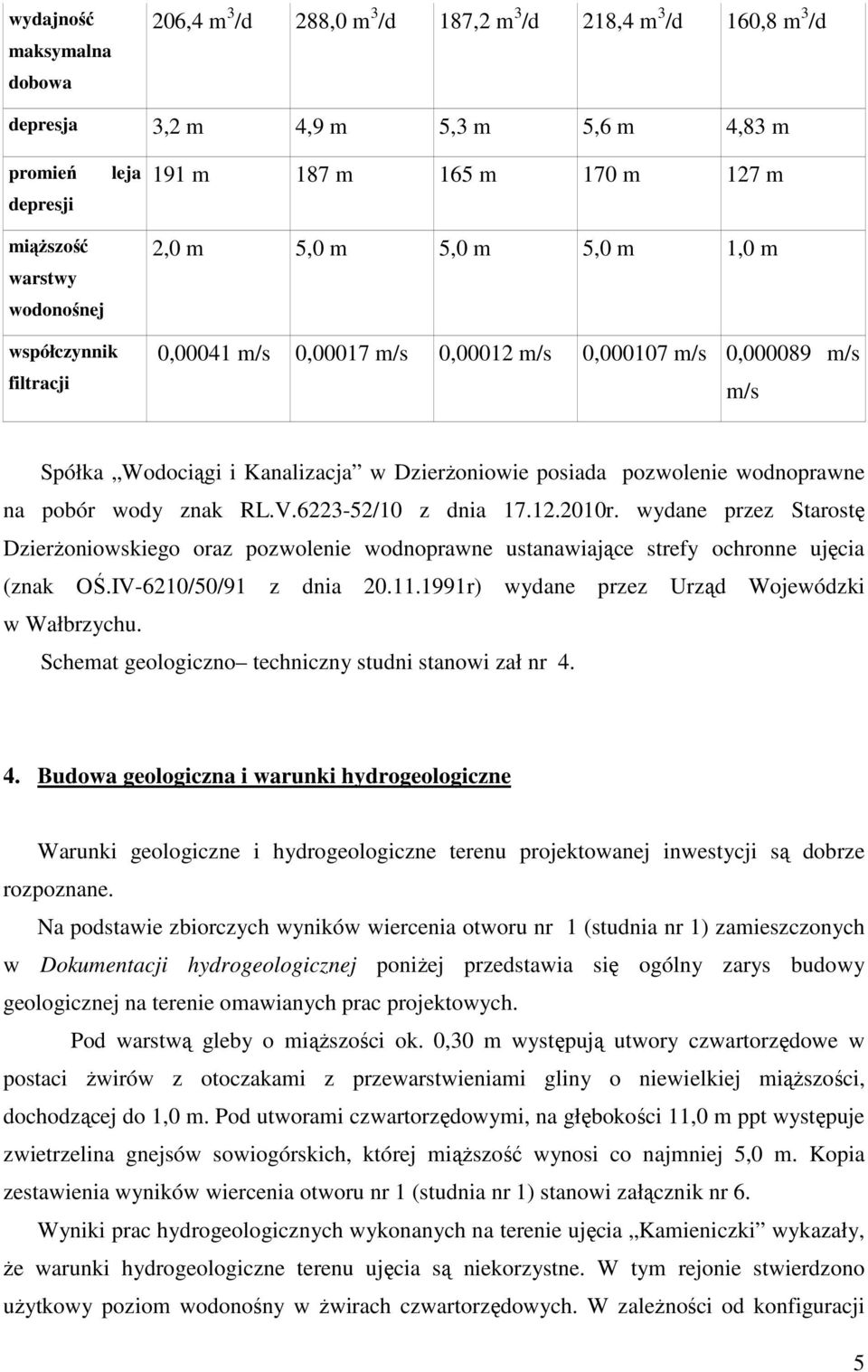 wodnoprawne na pobór wody znak RL.V.6223-52/10 z dnia 17.12.2010r. wydane przez Starostę DzierŜoniowskiego oraz pozwolenie wodnoprawne ustanawiające strefy ochronne ujęcia (znak OŚ.
