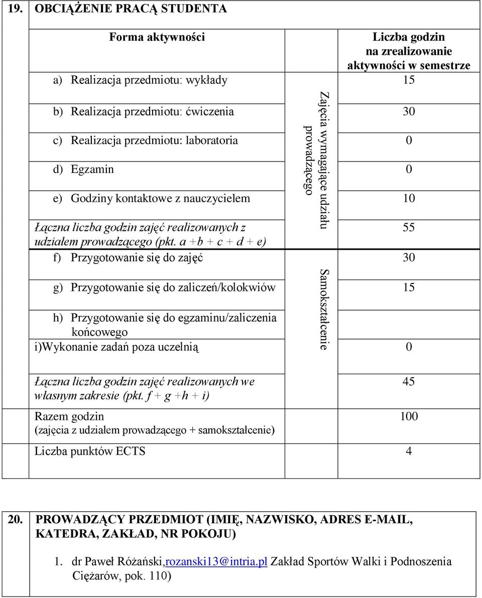 Egzamin 0 e) Godziny kontaktowe z nauczycielem 10 Łączna liczba godzin zajęć realizowanych z udziałem prowadzącego (pkt.
