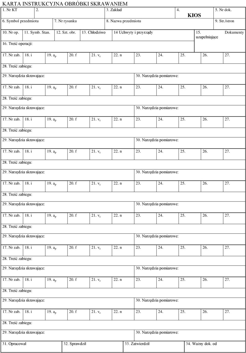 Symb. Stan. 12. Szt. obr. 13. Chłodziwo 14 Uchwyty i przyrządy 15.