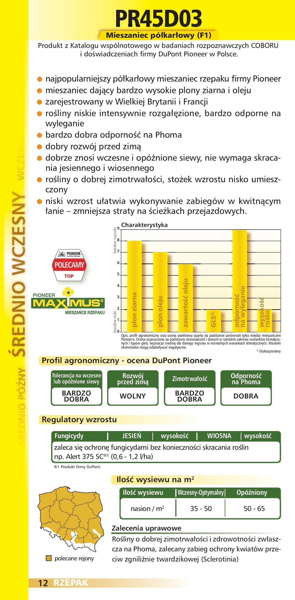 na Phoma dobry rozwój przed zimą dobrze znosi wczesne i opóźnione siewy, nie wymaga skracania jesiennego i wiosennego rośliny o dobrej zimotrwałości, stożek wzrostu nisko umieszczony niski wzrost
