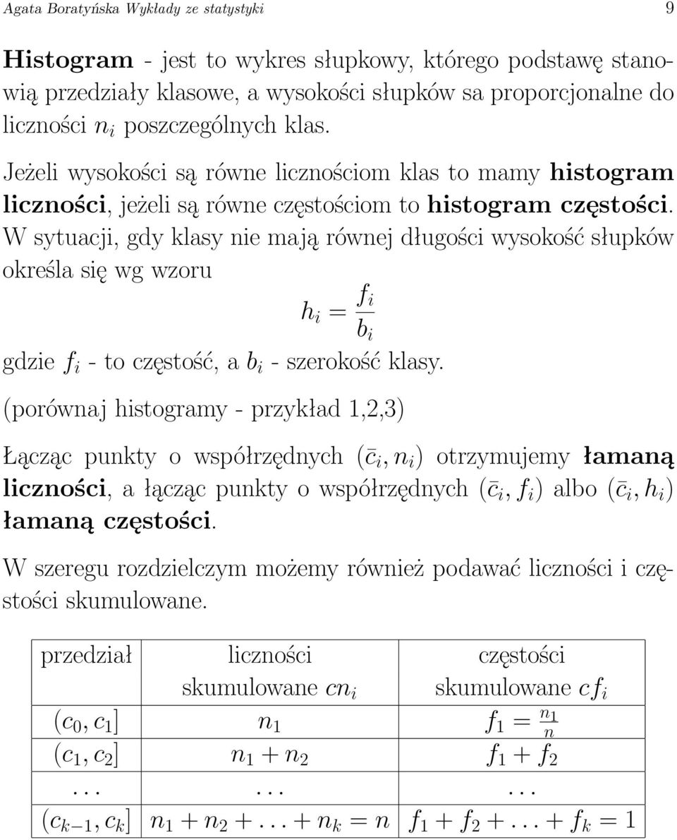 W sytuacji, gdy klasy nie mają równej długości wysokość słupków określa się wg wzoru h i = f i b i gdzie f i - to częstość, a b i - szerokość klasy.