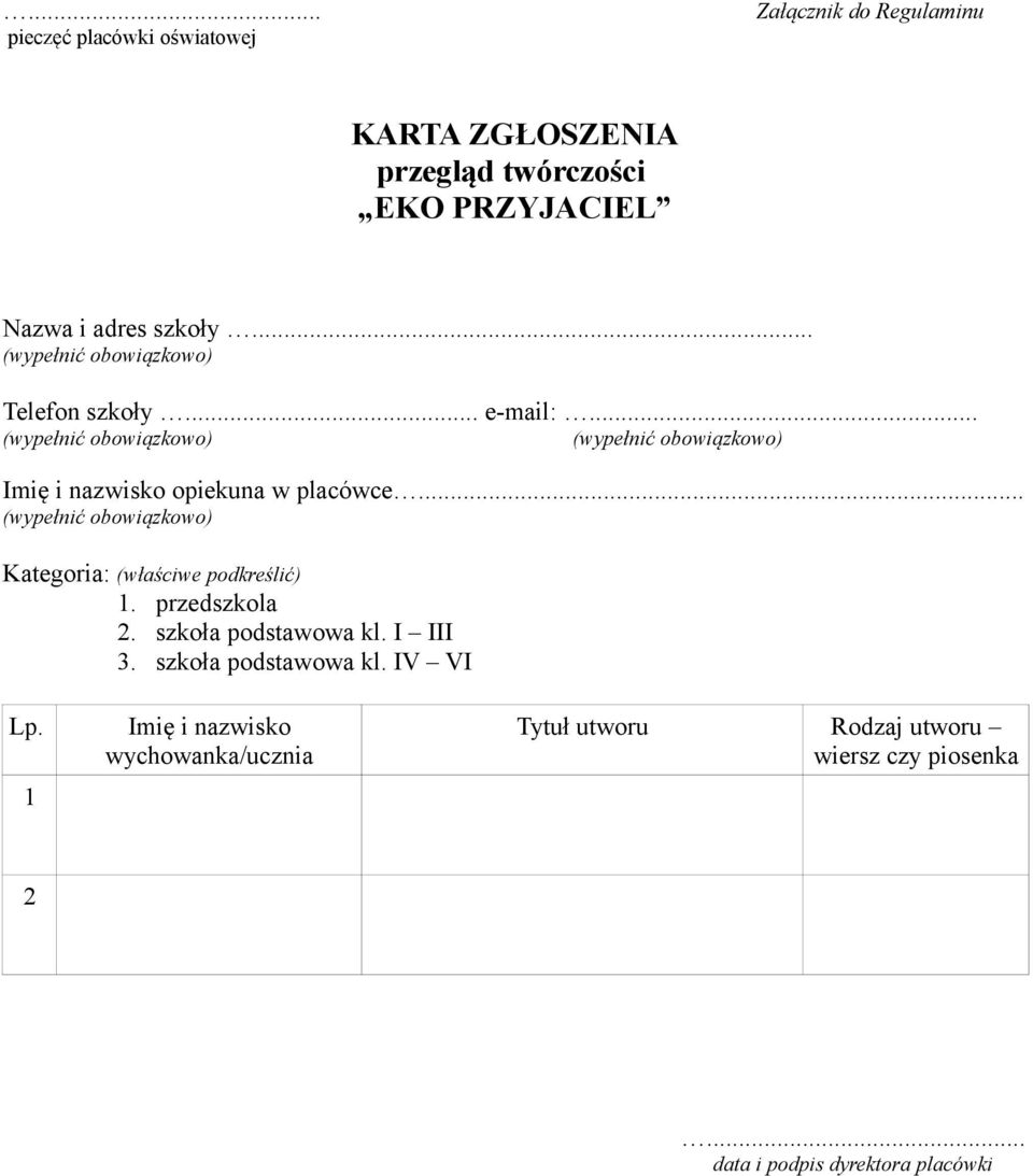 .. Kategoria: (właściwe podkreślić) 1. przedszkola 2. szkoła podstawowa kl. I III 3. szkoła podstawowa kl. IV VI Lp.