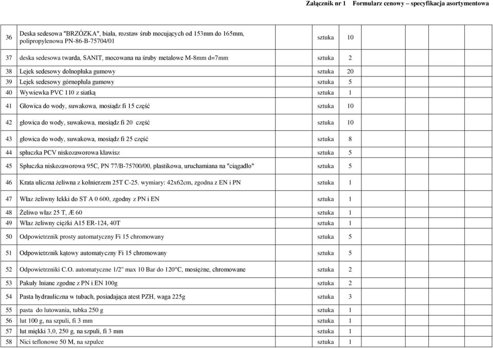 42 głowica do wody, suwakowa, mosiądz fi 20 część sztuka 10 43 głowica do wody, suwakowa, mosiądz fi 25 część sztuka 8 44 spłuczka PCV niskozaworowa klawisz sztuka 5 45 Spłuczka niskozaworowa 95C, PN