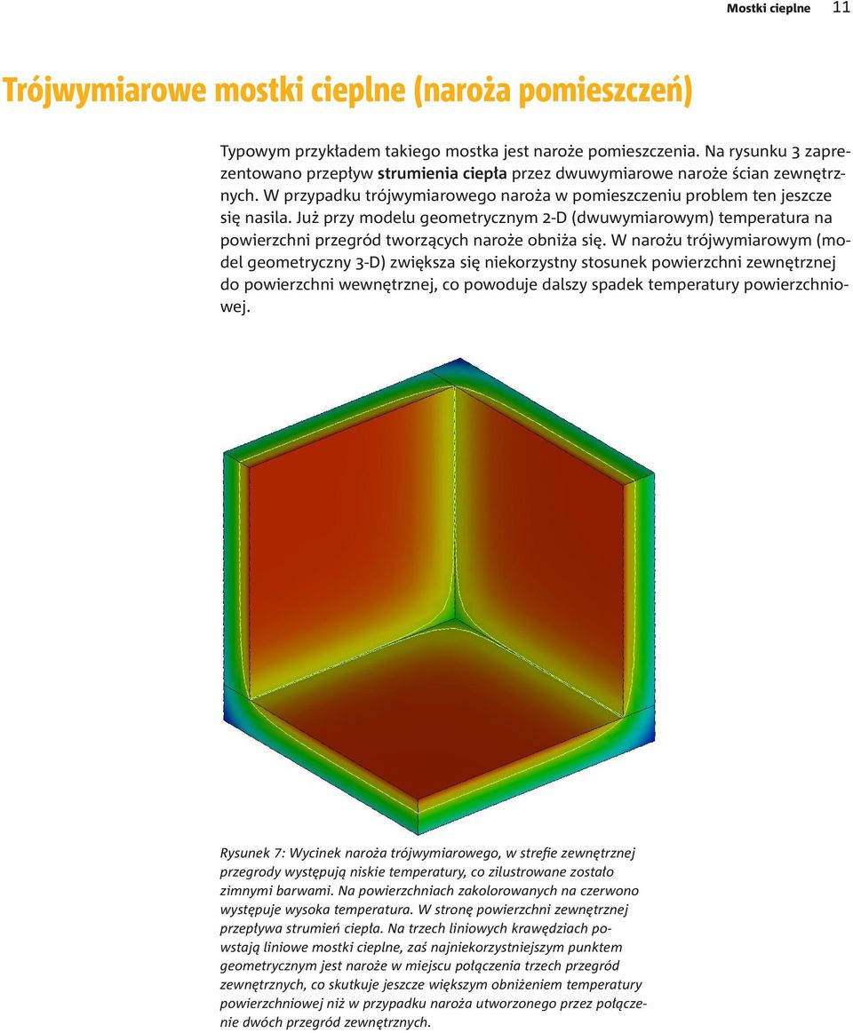 Już przy modelu geometrycznym 2-D (dwuwymiarowym) temperatura na powierzchni przegród tworzących naroże obniża się.