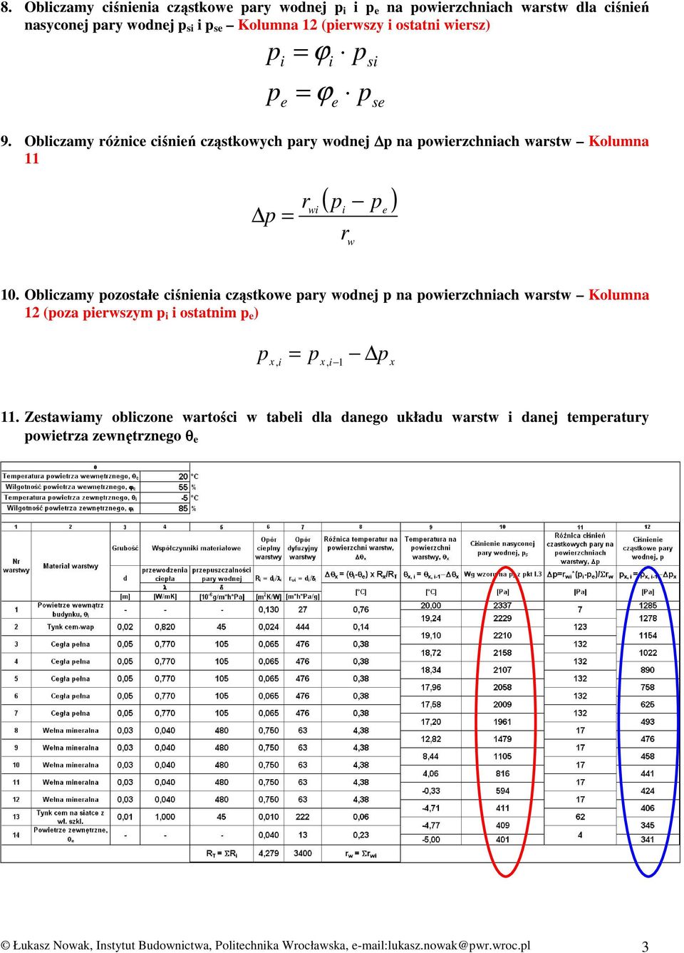 Oblczamy ozostał cśnna cząstkow ary wodnj na owrzchnach warstw Kolumna 12 (oza rwszym ostatnm ),, 1 11.