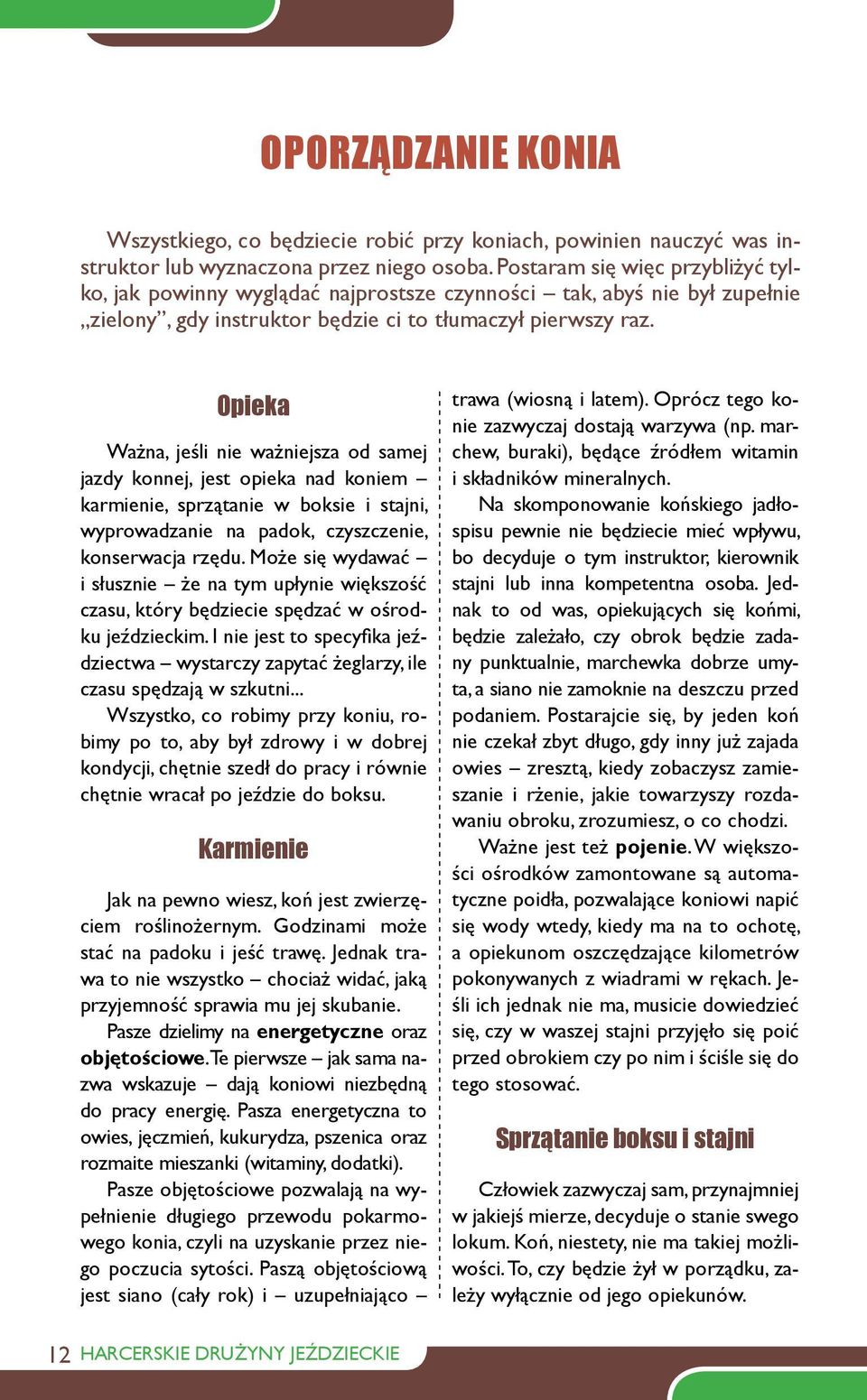 Opieka Ważna, jeśli nie ważniejsza od samej jazdy konnej, jest opieka nad koniem karmienie, sprzątanie w boksie i stajni, wyprowadzanie na padok, czyszczenie, konserwacja rzędu.
