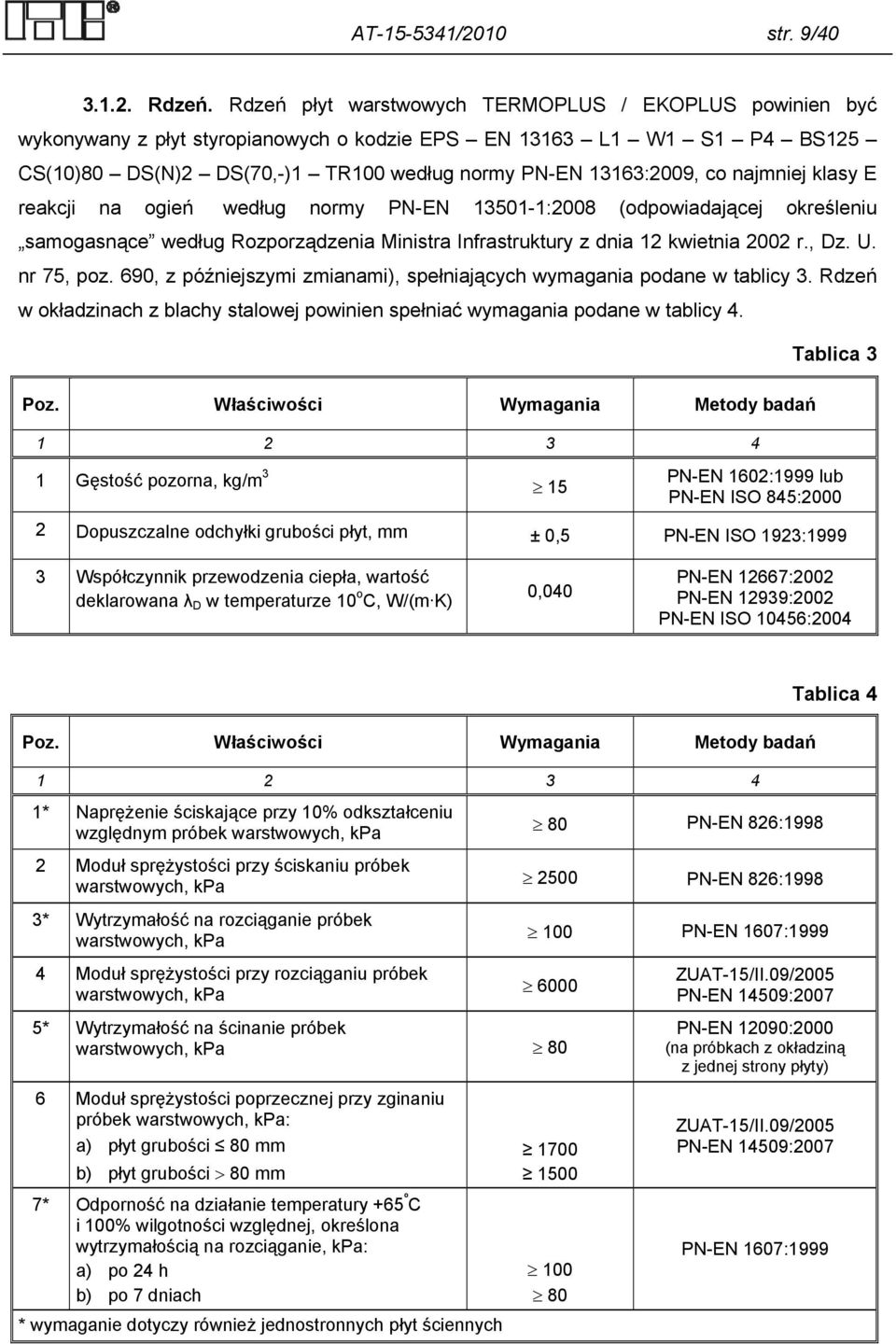 najmniej klasy E reakcji na ogień według normy PN-EN 13501-1:2008 (odpowiadającej określeniu samogasnące według Rozporządzenia Ministra Infrastruktury z dnia 12 kwietnia 2002 r., Dz. U. nr 75, poz.