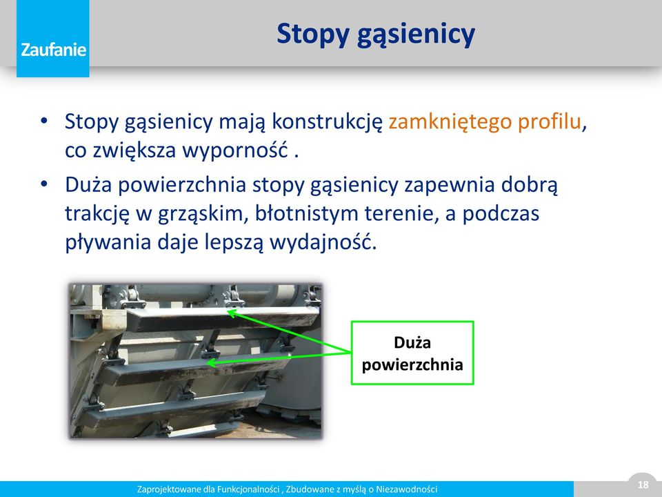 Duża powierzchnia stopy gąsienicy zapewnia dobrą trakcję w