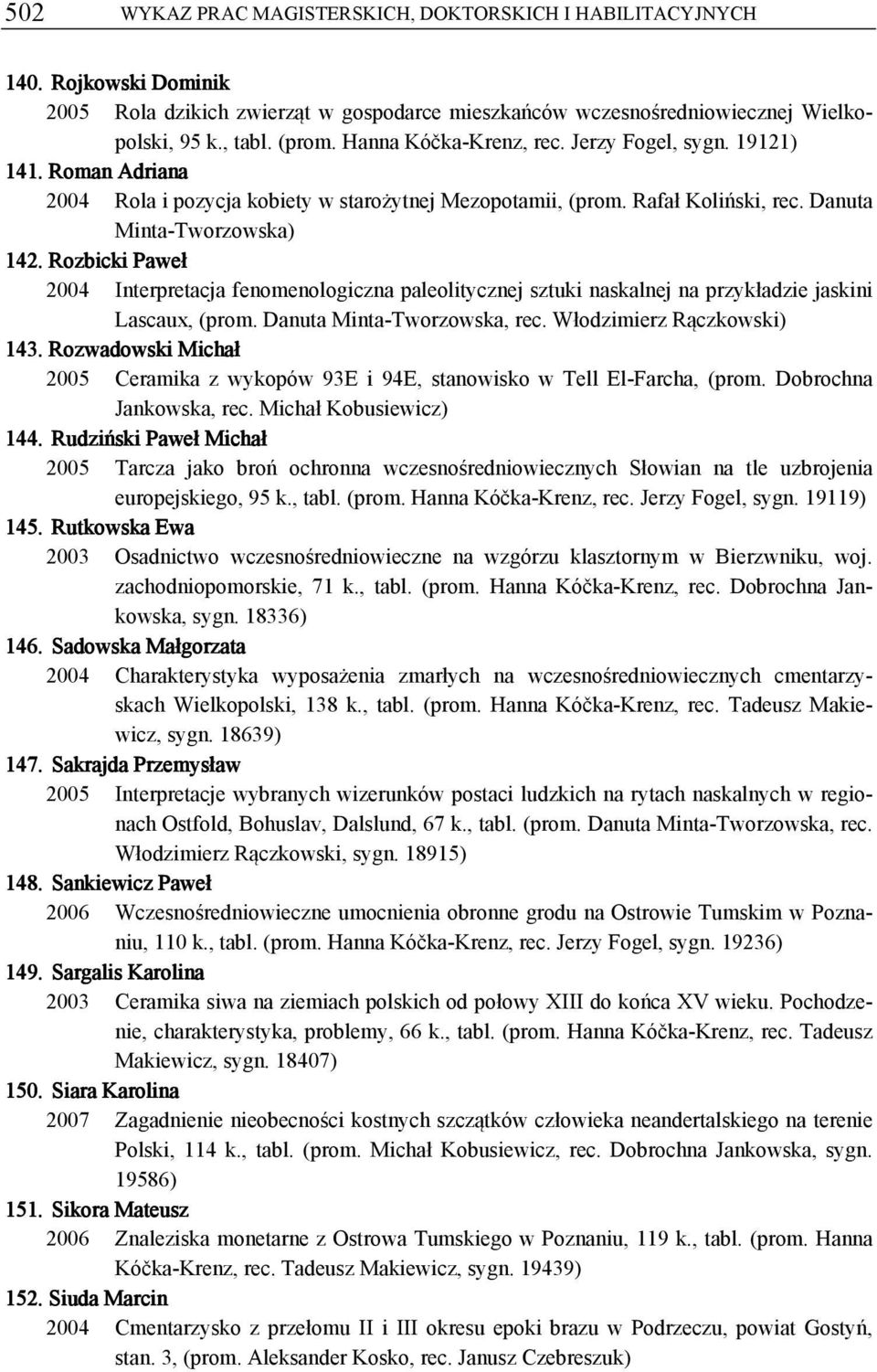 Rozbicki Paweł 2004 Interpretacja fenomenologiczna paleolitycznej sztuki naskalnej na przykładzie jaskini Lascaux, (prom. Danuta Minta-Tworzowska, rec. Włodzimierz Rączkowski) 143.