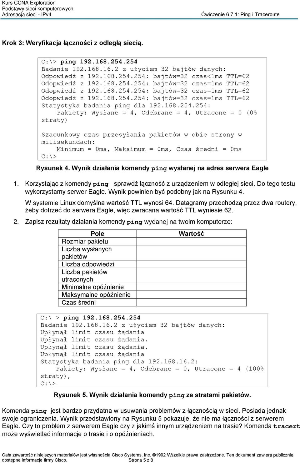 254: Pakiety: Wysłane = 4, Odebrane = 4, Utracone = 0 (0% straty) Szacunkowy czas przesyłania pakietów w obie strony w milisekundach: Minimum = 0ms, Maksimum = 0ms, Czas średni = 0ms Rysunek 4.