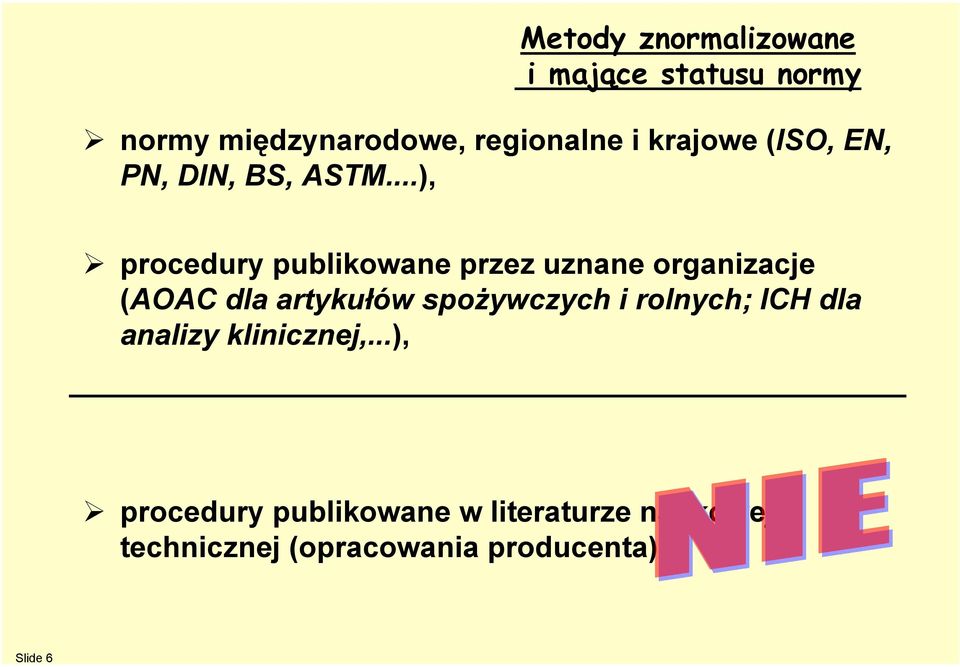 ..), procedury publikowane przez uznane organizacje (AOAC dla artykułów spożywczych