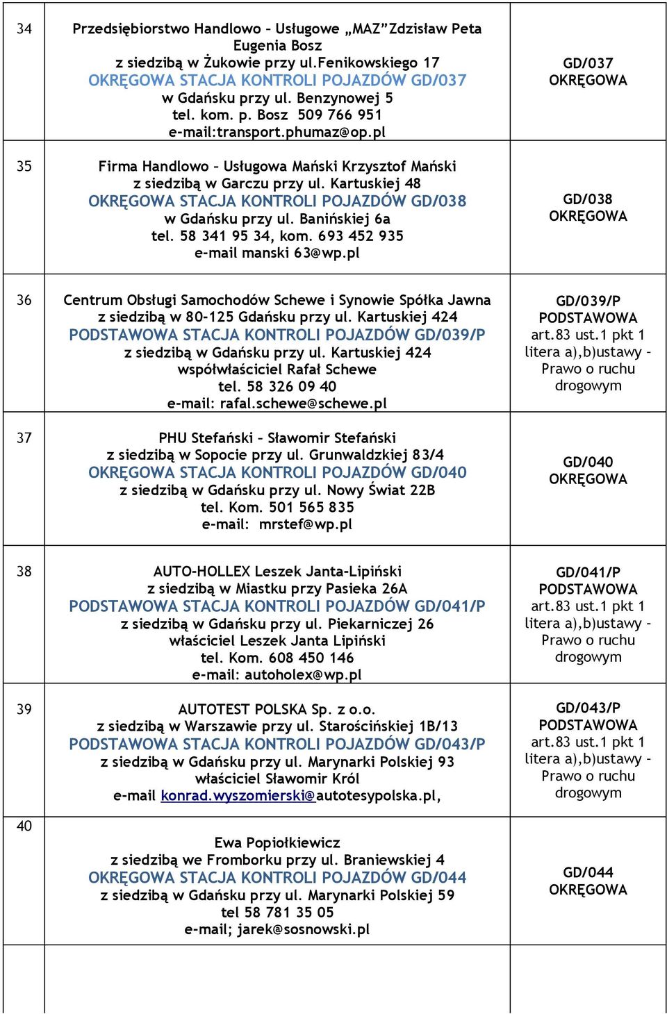 693 452 935 e-mail manski 63@wp.pl GD/037 GD/038 36 Centrum Obsługi Samochodów Schewe i Synowie Spółka Jawna z siedzibą w 80-125 Gdańsku przy ul.