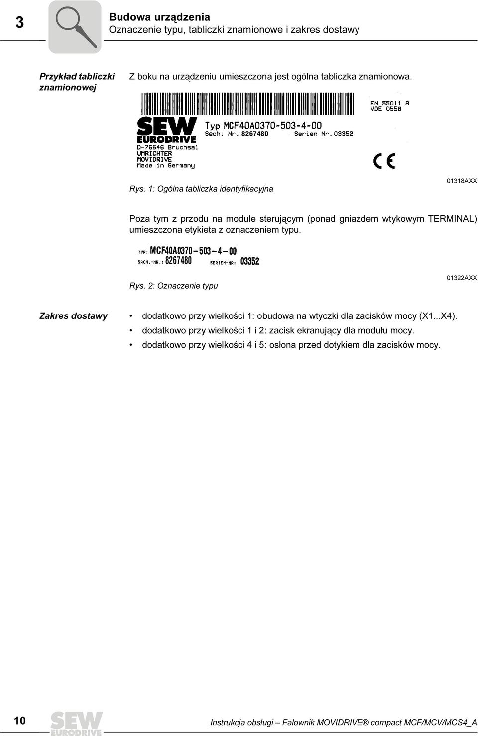 1: Ogólna tabliczka identyfikacyjna 01318AXX Poza tym z przodu na module sterującym (ponad gniazdem wtykowym TERMINAL) umieszczona etykieta z oznaczeniem typu.