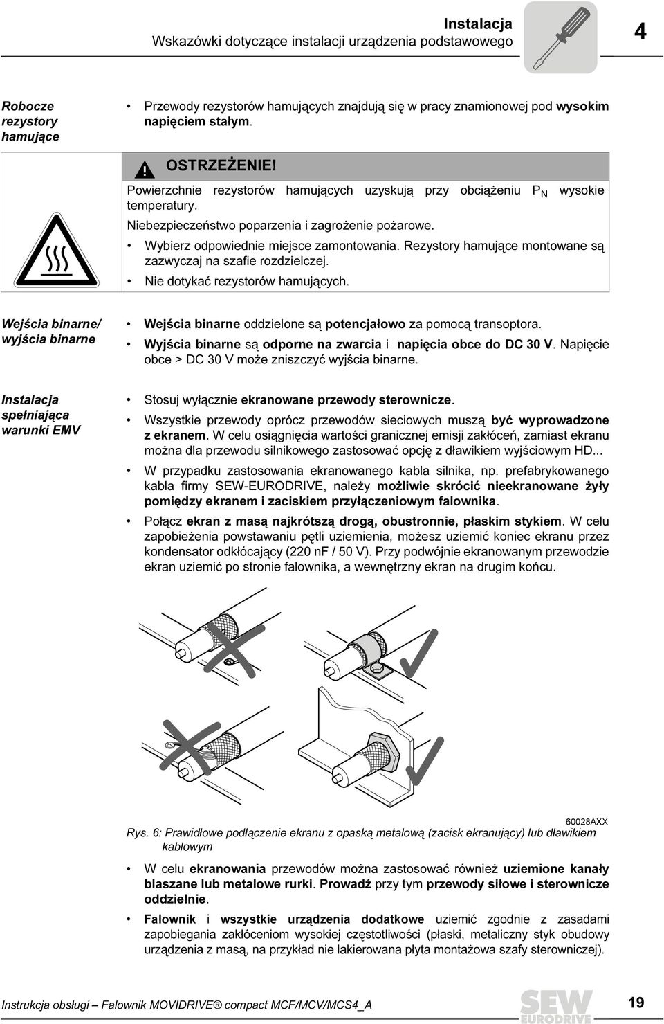 Rezystory hamujące montowane są zazwyczaj na szafie rozdzielczej. Nie dotykać rezystorów hamujących. Wejścia binarne/ wyjścia binarne Wejścia binarne oddzielone są potencjałowo za pomocą transoptora.