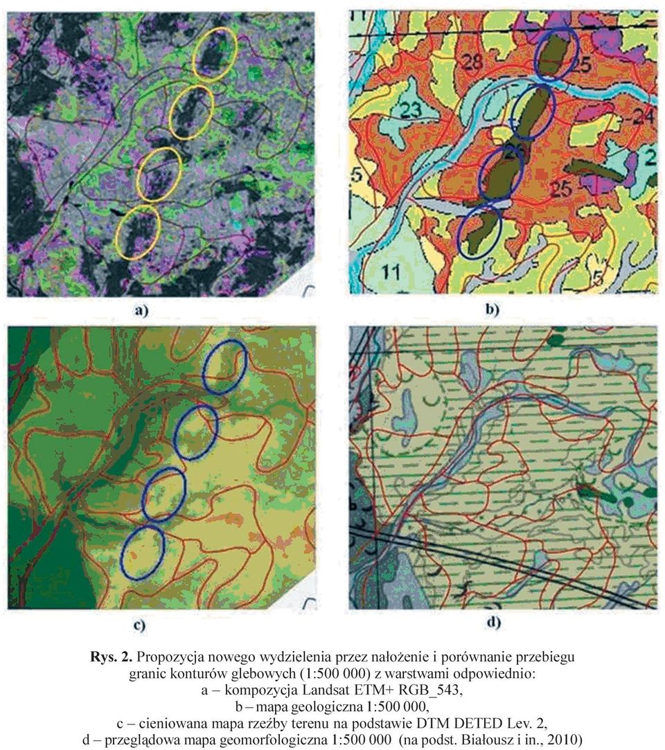 glebowych (1:500 000) z warstwami odpowiednio: a kompozycja Landsat ETM+ RGB_543, b