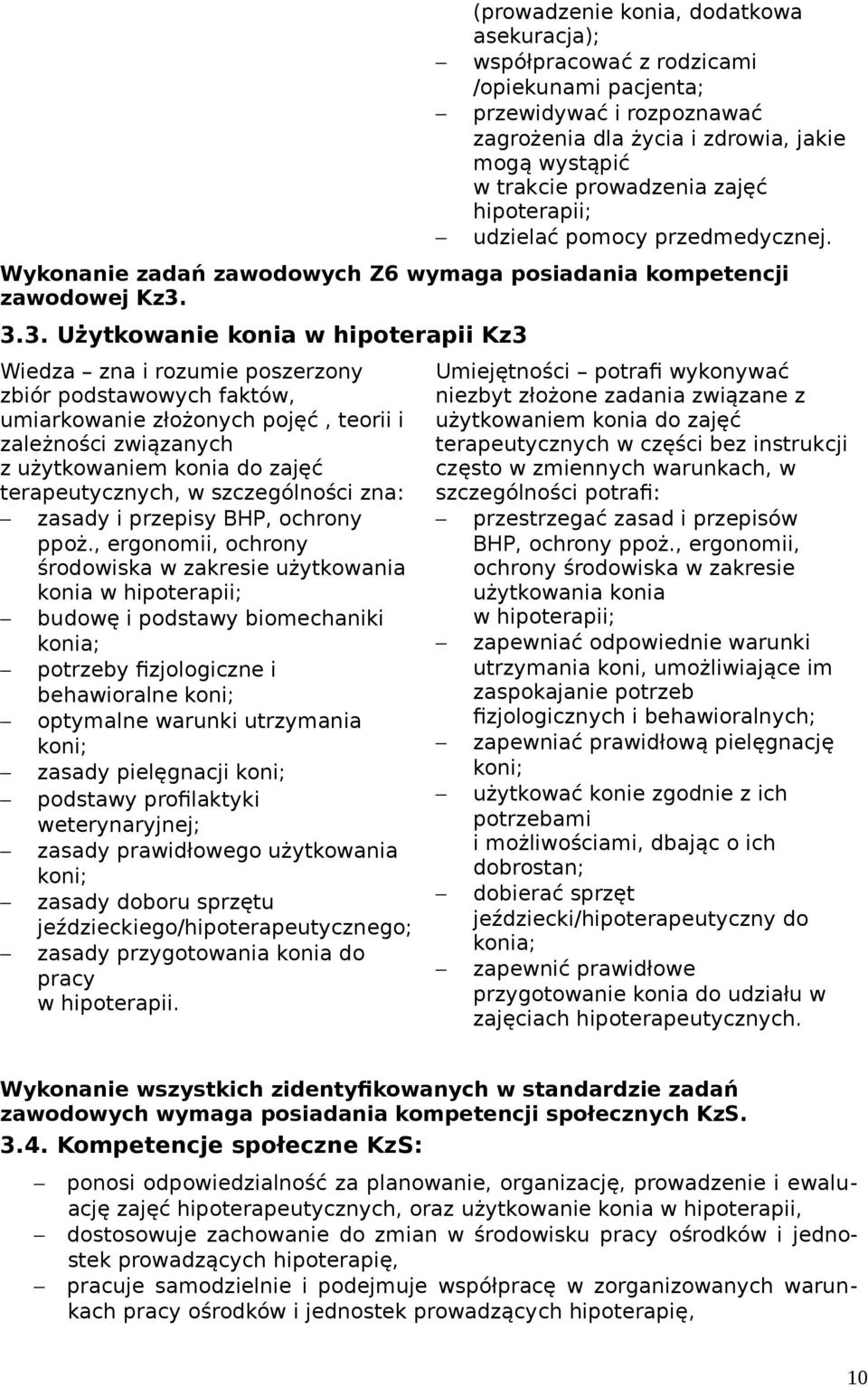 3.3. Użytkowanie konia w hipoterapii Kz3 Wiedza zna i rozumie poszerzony zbiór podstawowych faktów, umiarkowanie złożonych pojęć, teorii i zależności związanych z użytkowaniem konia do zajęć