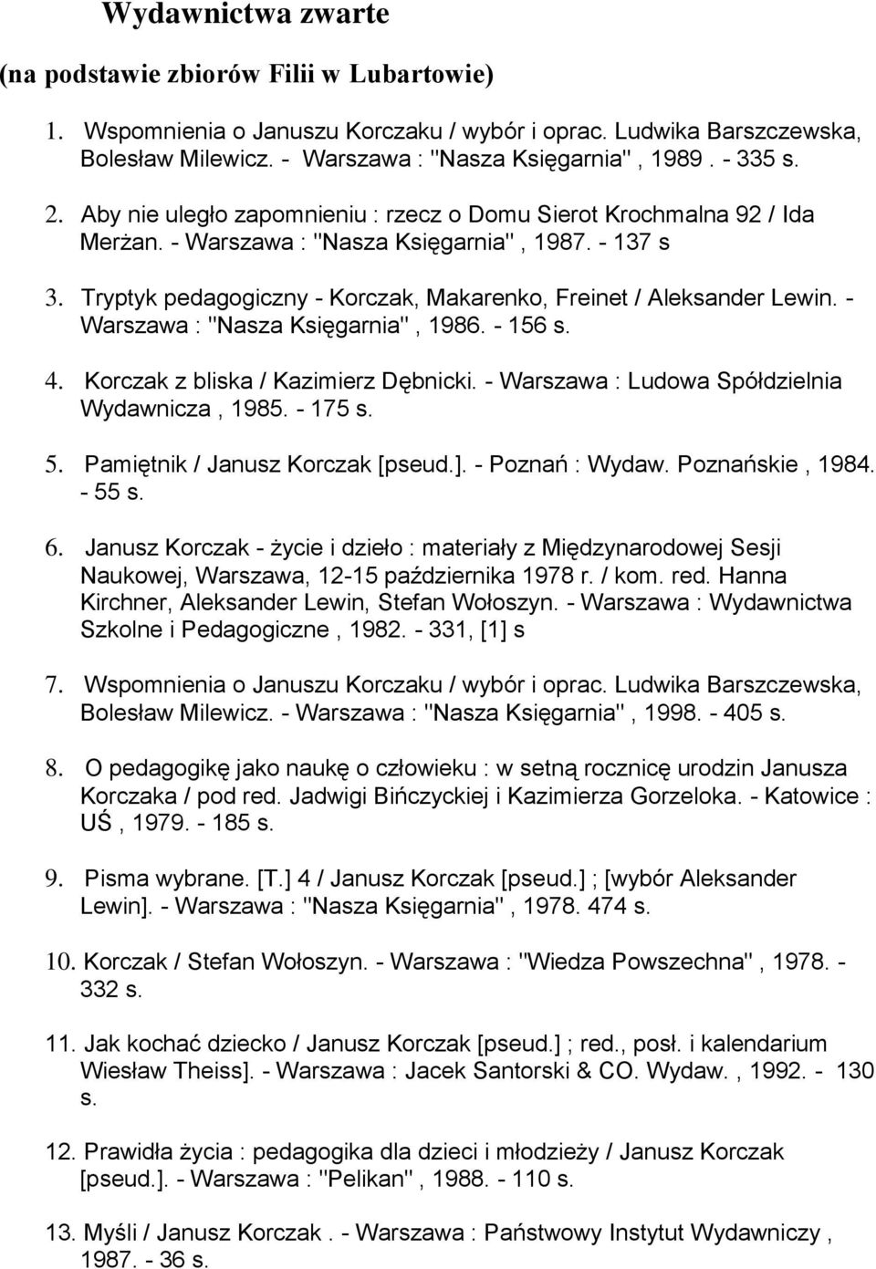 - Warszawa : "Nasza Księgarnia", 1986. - 156 s. 4. Korczak z bliska / Kazimierz Dębnicki. - Warszawa : Ludowa Spółdzielnia Wydawnicza, 1985. - 175 s. 5. Pamiętnik / Janusz Korczak [pseud.].
