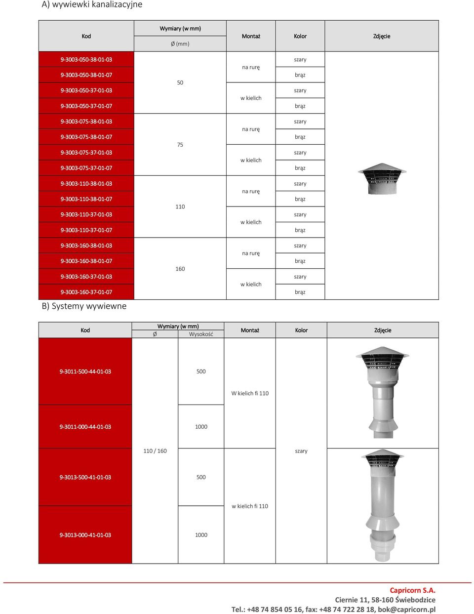 30-16 160-38 160 30-16 160-37 30-16 160-37 B) Systemy wywiewne Ø Wysokość Montaż Kolor 9-3011 3011-500 500-44 44-01 500 W