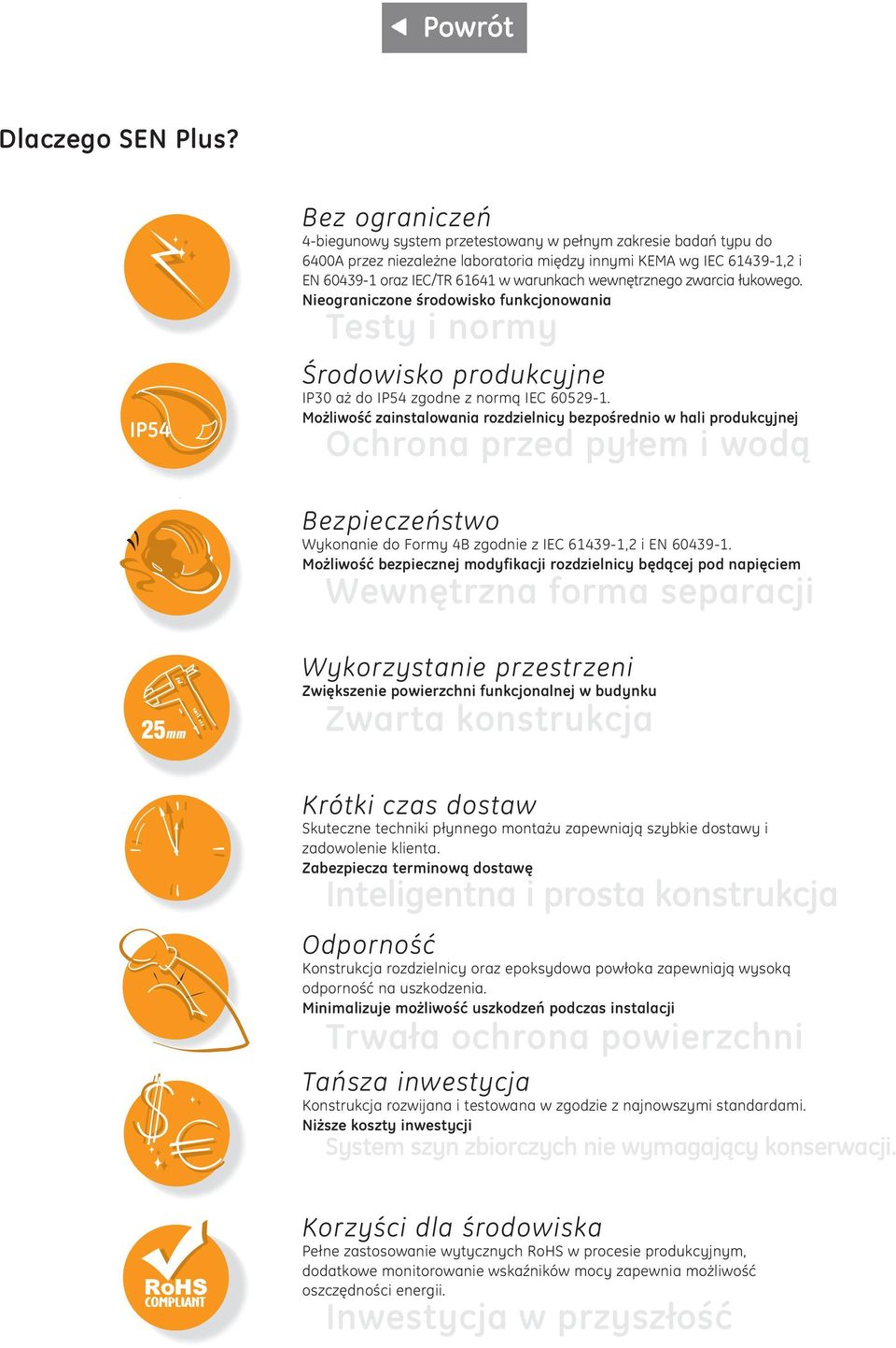 wewnętrznego zwarcia łukowego. Nieograniczone środowisko funkcjonowania Testy i normy Środowisko produkcyjne IP30 aż do IP54 zgodne z normą IEC 60529-.