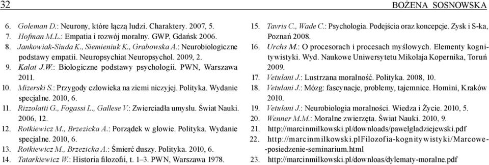 Polityka. Wydanie specjalne. 2010, 6. 11. Rizzolatti G., Fogassi L., Gallese V. : Zwierciadła umysłu. Świat Nauki. 2006, 12. 12. Rotkiewicz M., Brzezicka A. : Porządek w głowie. Polityka.
